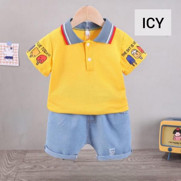 Summer Baby Boys China Imported Cotton Ice Cream Yellow Theme Tshirt-Pants Set