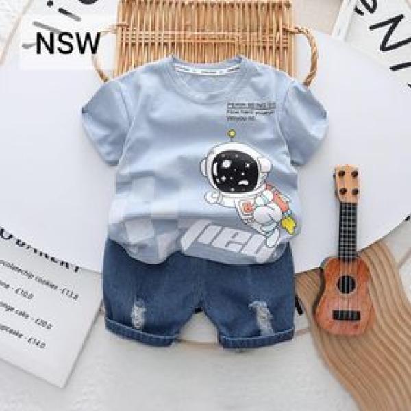 Summer Baby Boys China Imported Cotton White Nasa Theme Tshirt-Pants Set
