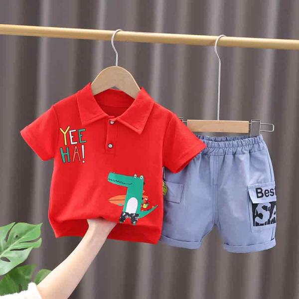 Summer Baby Boys China Imported Cotton Red Dynosor Theme Tshirt-Pants Set