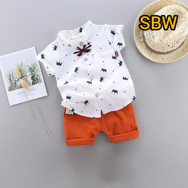 Summer Baby Boys China Imported Cotton Shirt Bow Tie White Theme Shirt-Pants Set