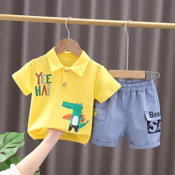 Summer Baby Boys China Imported Cotton Yellow Dynosor Theme Tshirt-Pants Set