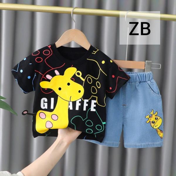 Summer Baby Boys China Imported Cotton Ziraf Black Theme Tshirt-Pants Set-ZB