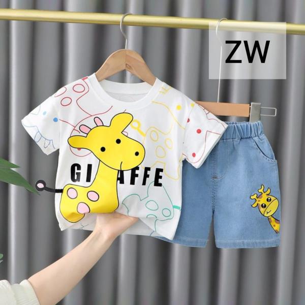 Summer Baby Boys China Imported Cotton Ziraf White Theme Tshirt-Pants Set-ZB