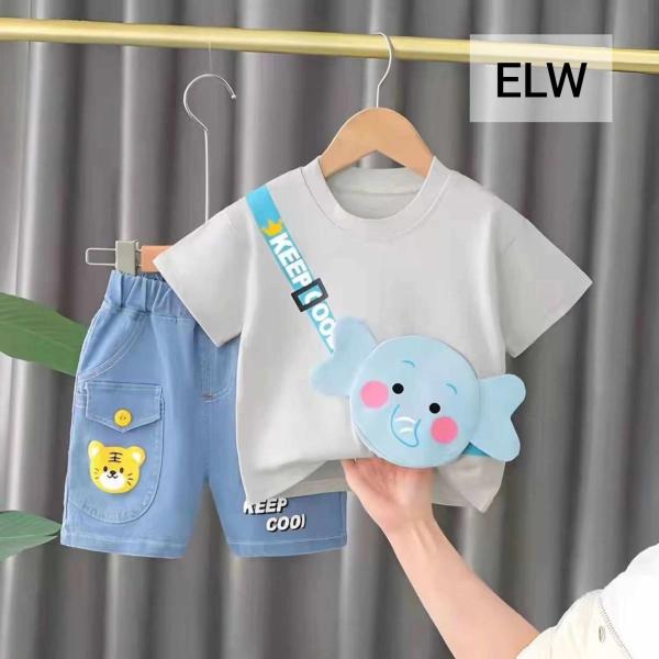 Summer Baby Boys China Imported Cottone Elephent White Theme Tshirt-Pants Set