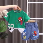 Summer Baby Boys Green Spiderman Short Sleeve T-shirt & Jeans Sets