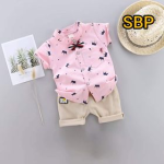 Summer Baby Boys China Imported Cotton Shirt Bow Tie Pink Theme Shirt-Pants Set
