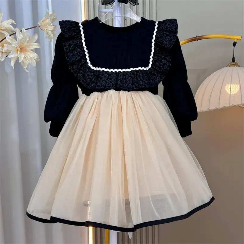 Autumn Winter Fashion Half High Neck Long Sleeved Fluffy Girl Dress-Black