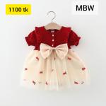 Summer Baby Girls Dress Short Sleeve Puffy Sleeve Lace Ruffle Strawberry Print Sweet Princess Dress-MBW