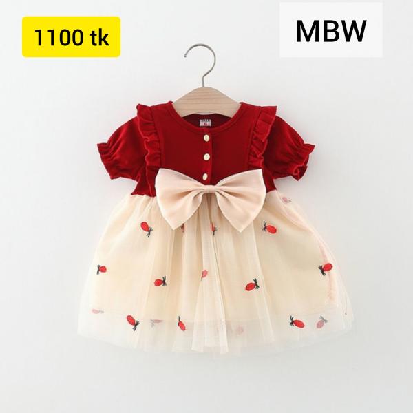 Summer Baby Girls Dress Short Sleeve Puffy Sleeve Lace Ruffle Strawberry Print Sweet Princess Dress-MBW