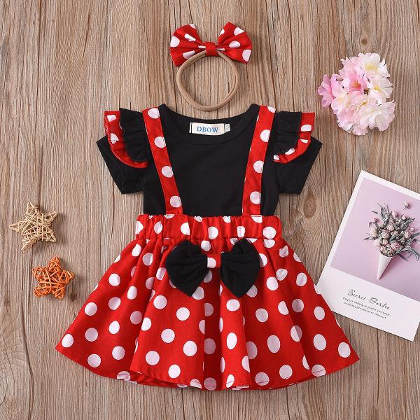 Girl Dress Minni Short Sleeve T-shirt and Polka Dot Suspender Skirt with Headband-MNN