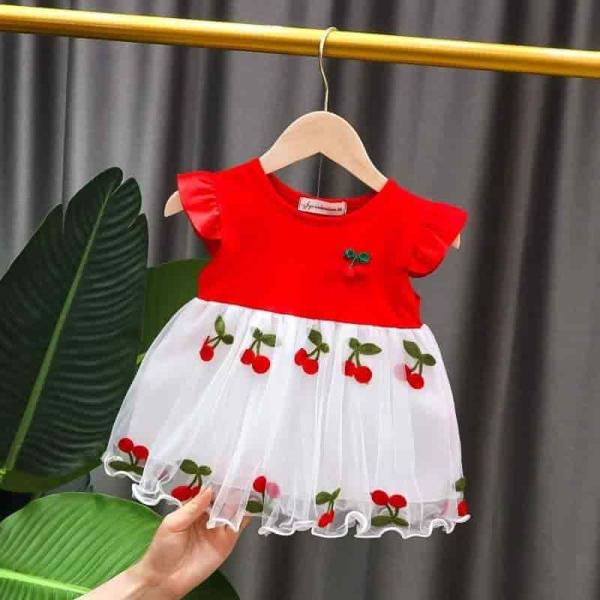 Baby Girl Princess Dress Red Cherry Design Party Frock