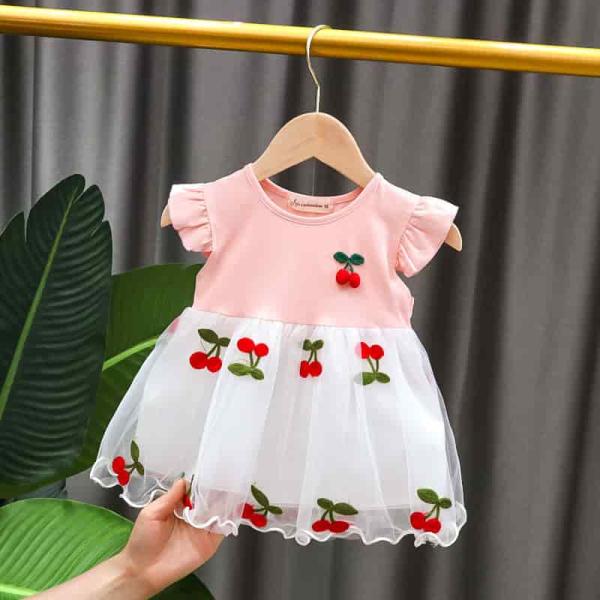 Baby Girl Princess Dress Pink Cherry Design Party Frock