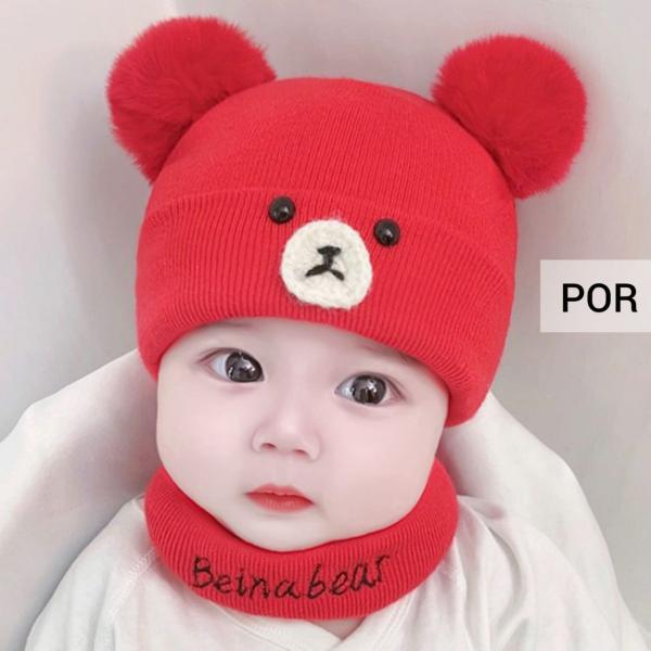 Baby Winter Cotton Pom Pom Bear Hats Scarf Red  -POR